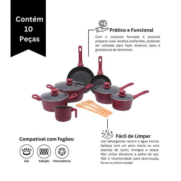 Imagem de Jogo De Panelas Ceramica Antiaderente Indução Mimo Style Cook Red 10 Peças Conjunto Com Caçarola Frigideira E Utensílios