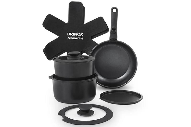 Jogo de Panelas Empilhável Brinox com Cabo Removível Ceramic Life Fit 10 Peças Antiaderen... Jogo de Panelas Empilhável Brinox com Cabo Removível Ceramic Life Fit 10 Peças Antiaderen...