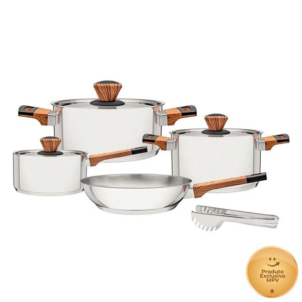 Jogo de Panelas Tramontina Brava Aço Inox Acabamento Efeito Amadeirado 4 Peças + Pegador d... Jogo de Panelas Tramontina Brava Aço Inox Acabamento Efeito Amadeirado 4 Peças + Pegador d...
