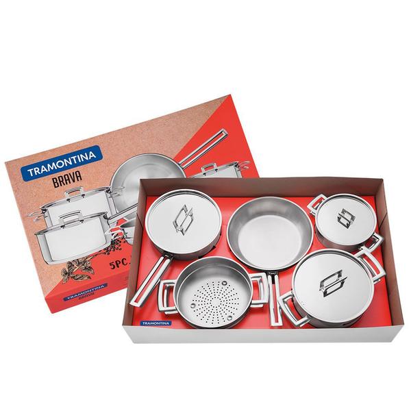 Jogo de Panelas Tramontina Brava em Aço Inox Fundo Triplo com Tampa Plana 5 Peças 65400010 - TRAMONTINA FARROUPILHA Imagem de Jogo de Panelas Tramontina Brava em Aço Inox Fundo Triplo com Tampa Plana 5 Peças 65400010