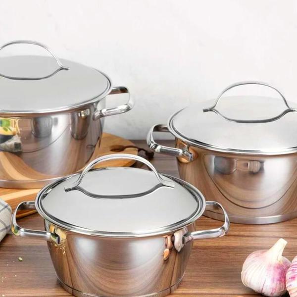 Imagem de Jogo de Panelas Tramontina Fundo Triplo Cooktop Fogão Indução Aço Inox Kit 3pc Conjunto Allegra