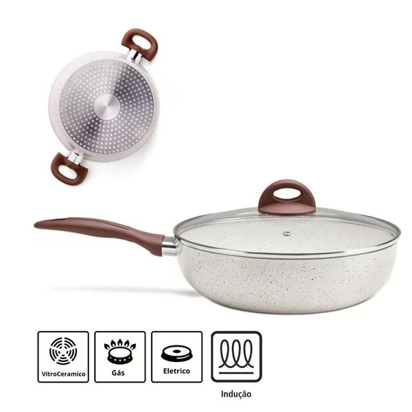 Imagem de Jogo de Panelas Wok Antiaderente Ceramica Vanilla Cooktop Fogão Indução Kit 2 Peças Conjunto Brinox