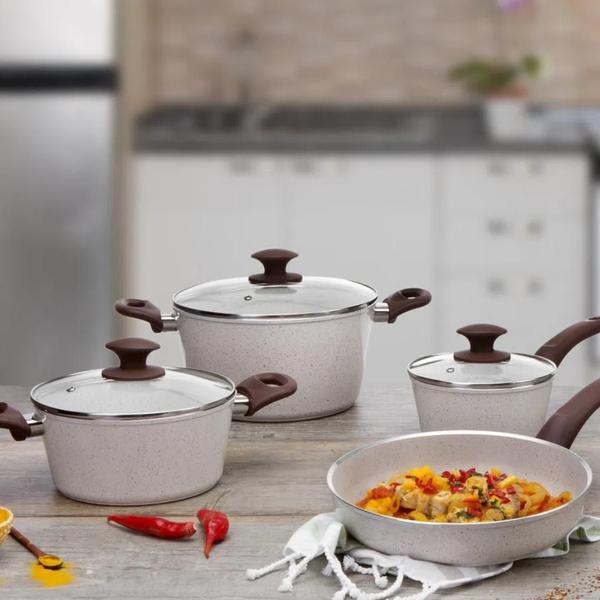 Imagem de Jogo de Panelas Wok Antiaderente Ceramica Vanilla Cooktop Fogão Indução Kit 2 Peças Conjunto Brinox