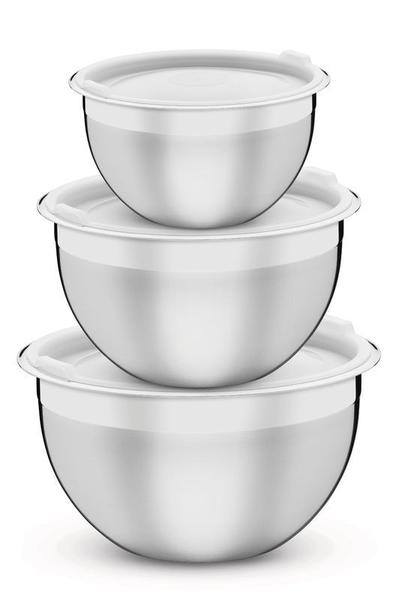 Jogo de potes cucina em aco inox com tampa plastica 3 pecas tramontina Imagem de Jogo de potes cucina em aco inox com tampa plastica 3 pecas tramontina