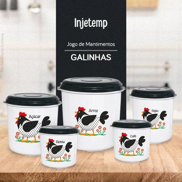 Imagem de Jogo de Potes em Plastico para Mantimentos 5 Pecas Decoracao Galinha Preto e Branco  Injetemp 