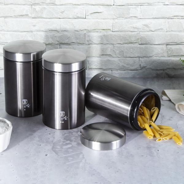 Imagem de Jogo De Potes Multiuso Inox 3 Pçs Porta Mantimentos Alimentos Organizador Utensílios Cozinha Recipientes Armazenar Açúcar Café Vedação Berlinger Haus