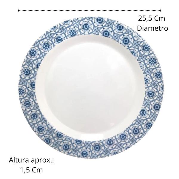 Imagem de Jogo de Pratos Raso 25,5 Cm 6 Unidades Branco Decorado Nas Bordas em Melamina / Plastico  Sakes 