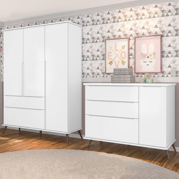 Imagem de Jogo de Quarto Bebê Infantil Melinda Guarda Roupa + Cômoda MDF Branco