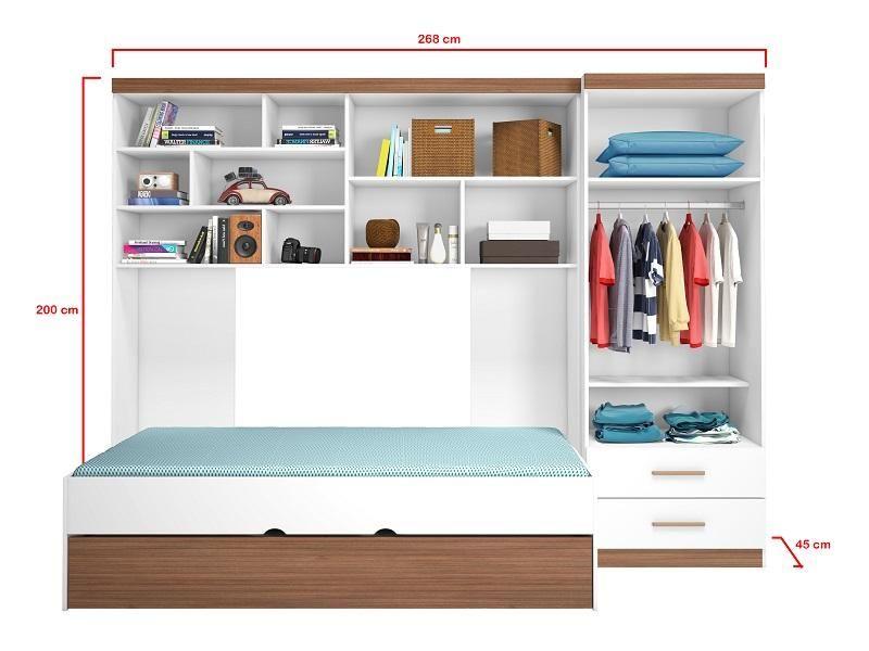 Imagem de Jogo de Quarto Chiara 4 Peças - Roupeiro 2 portas Módulo Aéreo e Cama com Auxiliar - Off White Amadeirado - Phoenix Baby