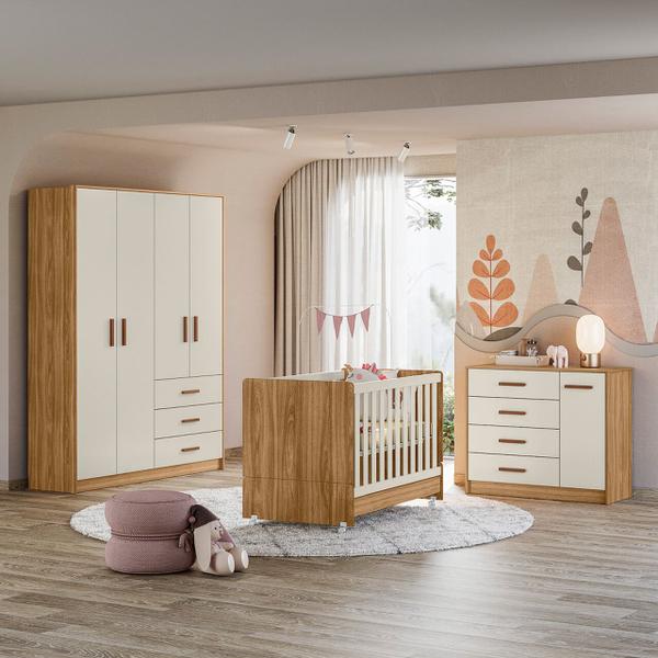 Imagem de Jogo De Quarto Completo Infantil Bebê Guarda Roupa 4 Portas 3 Gavetas Cômoda 4 Gavetas 1 Porta Berço Mini Cama Perola