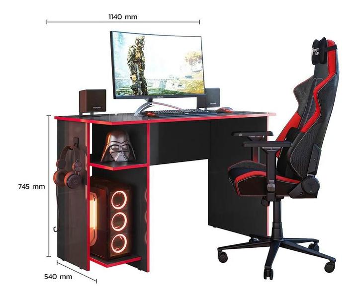 Imagem de Jogo de Quarto Gamer com Mesa para Computador e Estante Livreiro Preto/Vermelho