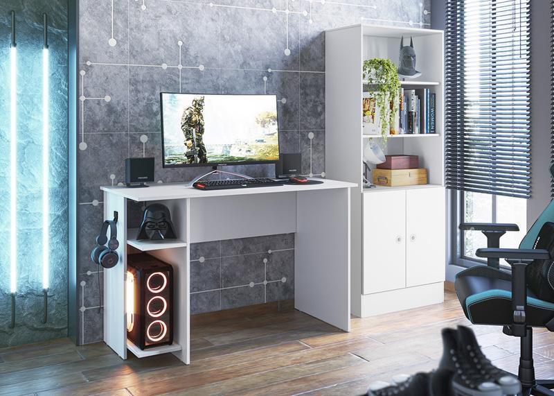 Imagem de Jogo de Quarto Gamer Mesa p/ Computador Estante Bco - FdECOR