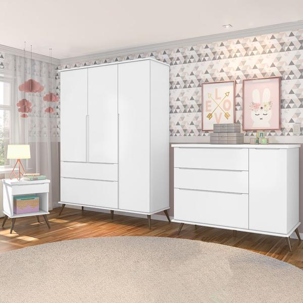 Imagem de Jogo de Quarto Infantil Bebê Melinda Guarda Roupa + Cômoda + Mesa de Apoio MDF Branco