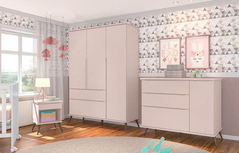 Imagem de Jogo de Quarto Infantil Bebê Melinda Guarda Roupa + Cômoda + Mesa de Apoio MDF Rosê