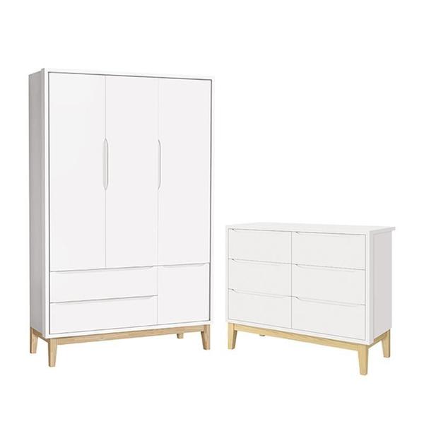 Imagem de Jogo de Quarto Infantil Classic Guarda Roupa 3 Portas e Cômoda 6 Gavetas Branco Fosco com Pés Madeir