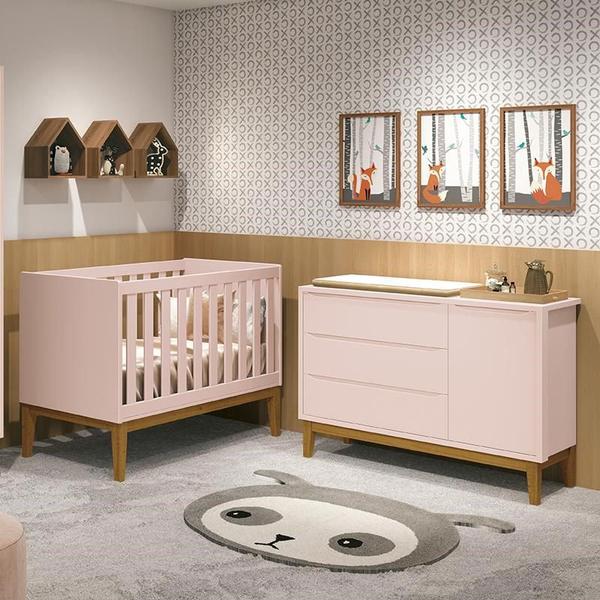 Imagem de Jogo de Quarto Infantil Cômoda 1 Porta e Berço Classic Rosa Fosco com Pés Amadeirado - Reller Móveis