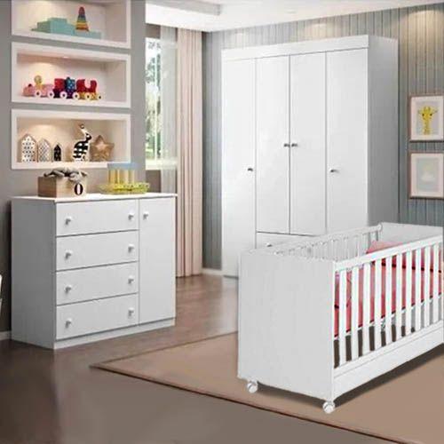 Imagem de Jogo de Quarto Infantil Completo Helena com Guarda Roupa 4 Portas, Cômoda 1 Porta e Berço Branco - Phoenix Baby