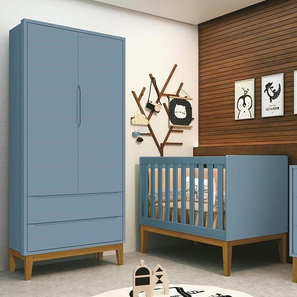 Imagem de Jogo de Quarto Infantil Guarda Roupa 2 Portas e Berço Classic Azul Fosco com Pés Amadeirado - Reller Móveis