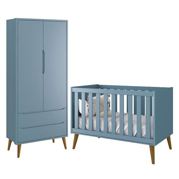Jogo de Quarto Infantil Theo Retrô Guarda Roupa 2 Portas e Berço Azul com Pés Amadeirado - Reller Móveis Imagem de Jogo de Quarto Infantil Theo Retrô Guarda Roupa 2 Portas e Berço Azul com Pés Amadeirado - Reller Móveis