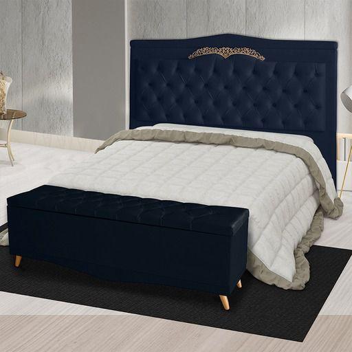 Imagem de Jogo De Quarto Kit De Cabeceira De Cama Box e Calçadeira Baú Helena Queen 160 cm Retro Capitonê Suede 