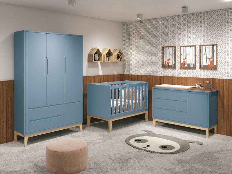 Jogo de Quarto para Bebê Completo 3 Portas Classic New Azul Fosco com Natural - Reller Imagem de Jogo de Quarto para Bebê Completo 3 Portas Classic New Azul Fosco com Natural - Reller