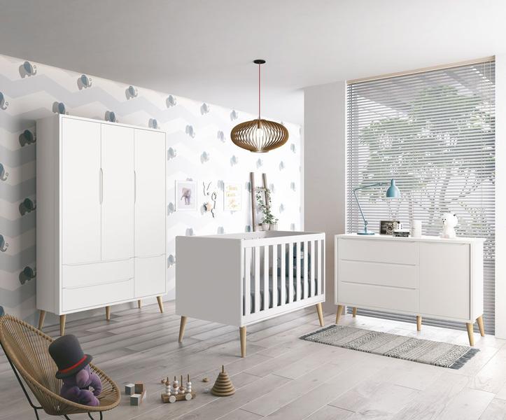 Imagem de Jogo de Quarto para Bebê Completo 3 Portas Théo New Branco Fosco com Natural - MoveisAqui