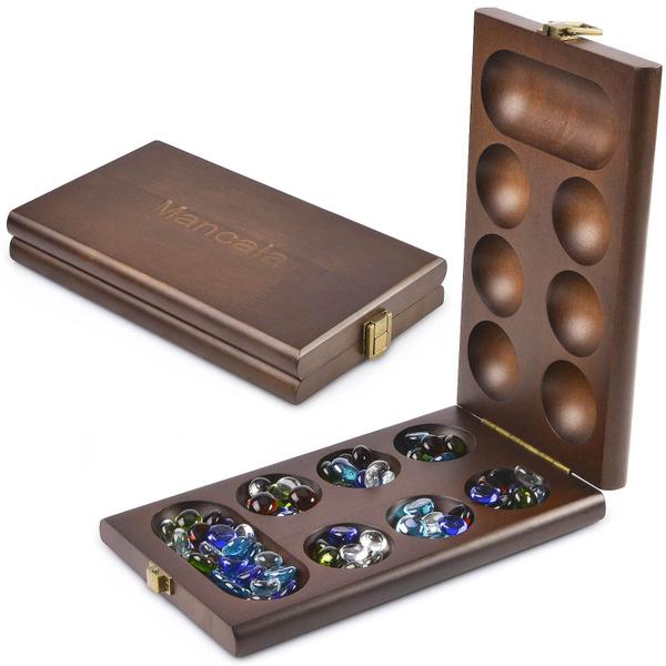 Jogo de tabuleiro AMEROUS Wooden Mancala com 72+8 pedras de vidro Imagem de Jogo de tabuleiro AMEROUS Wooden Mancala com 72+8 pedras de vidro