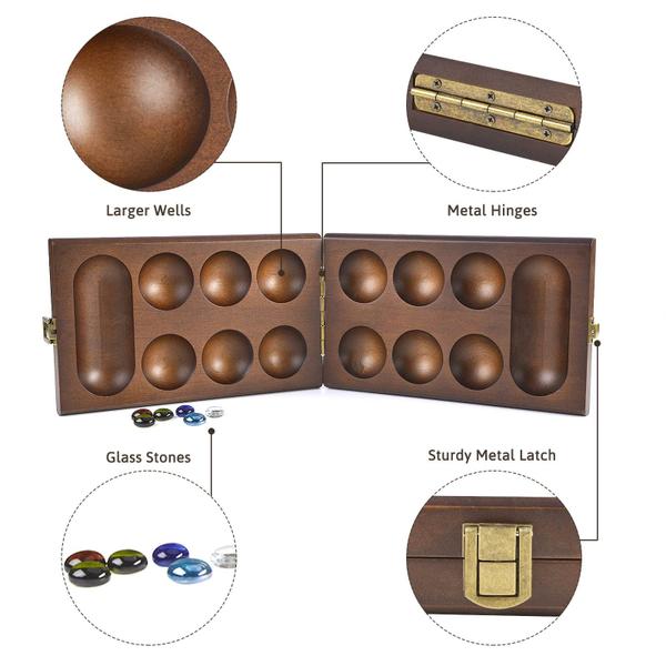 Jogo de tabuleiro AMEROUS Wooden Mancala com 72+8 pedras de vidro Imagem de Jogo de tabuleiro AMEROUS Wooden Mancala com 72+8 pedras de vidro