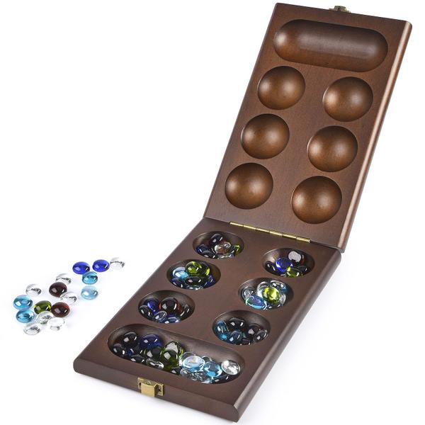 Jogo de tabuleiro AMEROUS Wooden Mancala com 72+8 pedras de vidro Imagem de Jogo de tabuleiro AMEROUS Wooden Mancala com 72+8 pedras de vidro