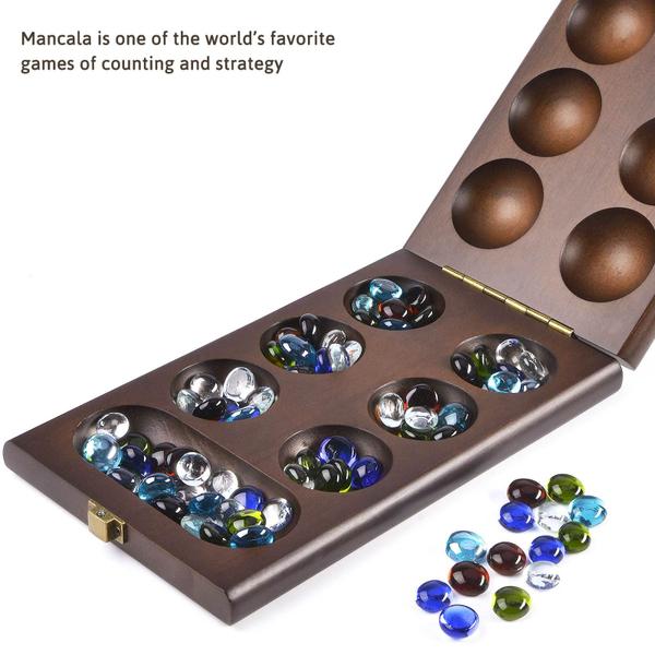 Jogo de tabuleiro AMEROUS Wooden Mancala com 72+8 pedras de vidro Imagem de Jogo de tabuleiro AMEROUS Wooden Mancala com 72+8 pedras de vidro