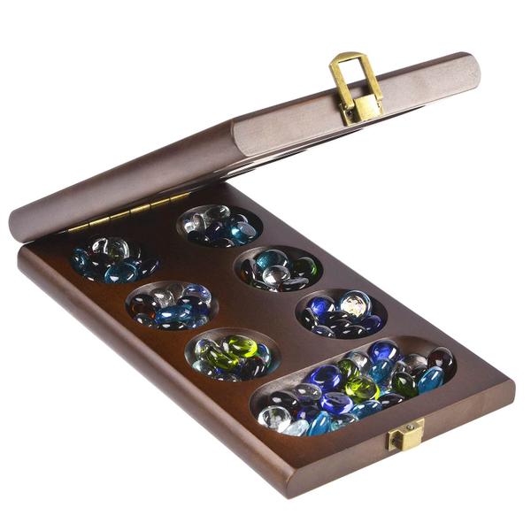 Jogo de tabuleiro AMEROUS Wooden Mancala com 72+8 pedras de vidro Imagem de Jogo de tabuleiro AMEROUS Wooden Mancala com 72+8 pedras de vidro
