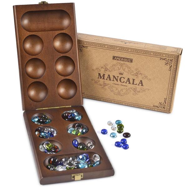 Jogo de tabuleiro AMEROUS Wooden Mancala com 72+8 pedras de vidro Imagem de Jogo de tabuleiro AMEROUS Wooden Mancala com 72+8 pedras de vidro