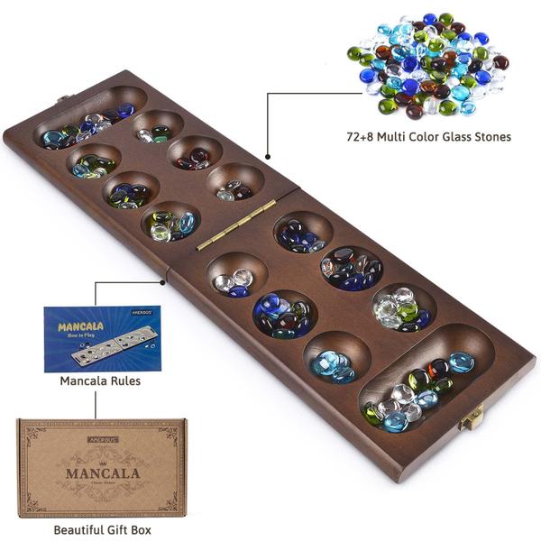 Jogo de tabuleiro AMEROUS Wooden Mancala com 72+8 pedras de vidro Imagem de Jogo de tabuleiro AMEROUS Wooden Mancala com 72+8 pedras de vidro