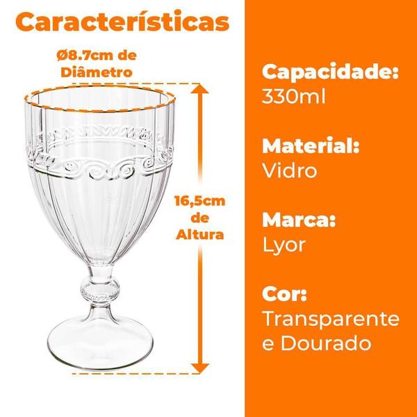 Imagem de Jogo de Taças de Cristal Transparente Fio de Ouro Imperial 330mL 4 peças - Lyor