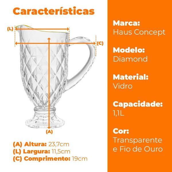 Jogo de Taças e Jarra de Vidro Diamond Fio de Ouro 7 peças - Haus Concept Brinox Imagem de Jogo de Taças e Jarra de Vidro Diamond Fio de Ouro 7 peças - Haus Concept Brinox