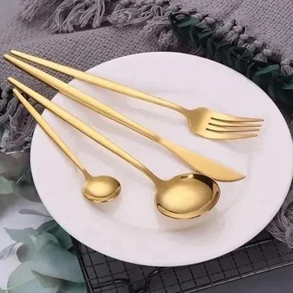 Imagem de Jogo de Talheres 4 Peças Conjunto Dourado Luxo Garfo Colher Faca Sobremesa Jantar Cozinha Gourmet Mesa