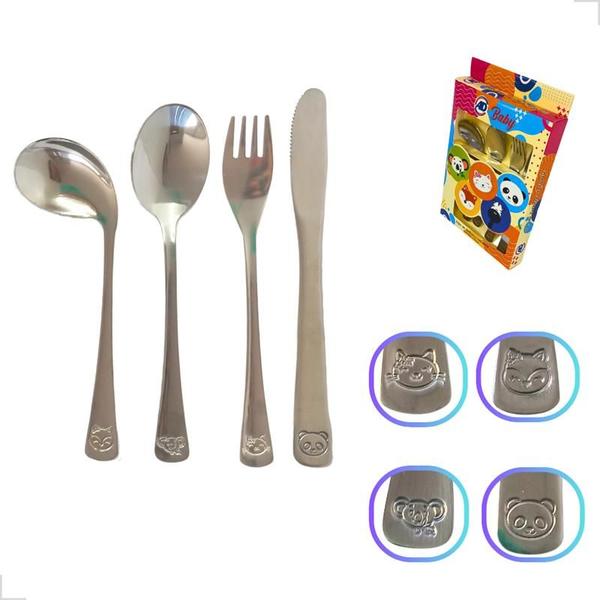 Jogo De Talheres Infantil Inox Baby Criança Bebe Kit 4 Peças - AD UTILIDADES Jogo De Talheres Infantil Inox Baby Criança Bebe Kit 4 Peças - AD UTILIDADES