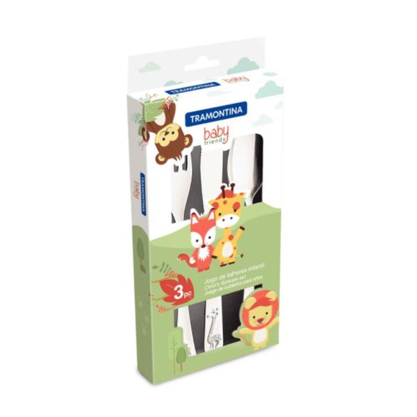 Jogo de Talheres Infantil Tramontina 3 Peças Aço Inox Acabamento Brilho com Desenho em Alto Relevo Baby Friends Imagem de Jogo de Talheres Infantil Tramontina 3 Peças Aço Inox Acabamento Brilho com Desenho em Alto Relevo Baby Friends