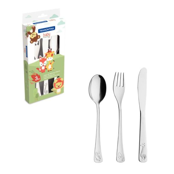 Jogo de Talheres Infantil Tramontina 3 Peças Aço Inox Acabamento Brilho com Desenho em Alto Relevo Baby Friends Imagem de Jogo de Talheres Infantil Tramontina 3 Peças Aço Inox Acabamento Brilho com Desenho em Alto Relevo Baby Friends