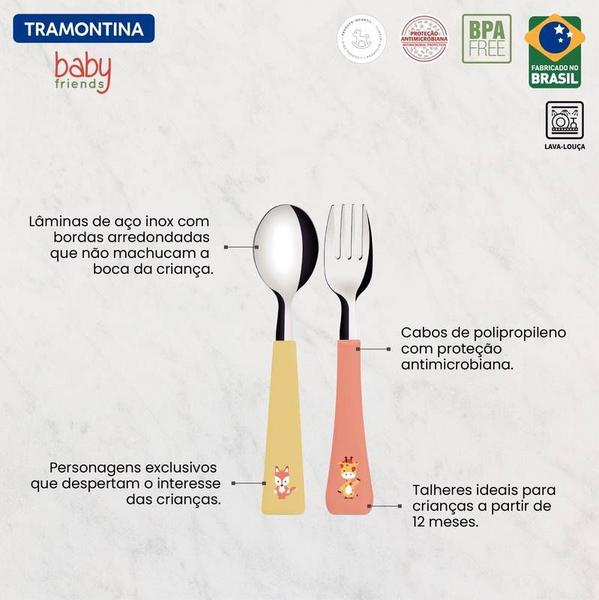 Imagem de Jogo de talheres infantil tramontina baby friends com lâminas de aço inox e cabos de polipropileno colorido 02 peças