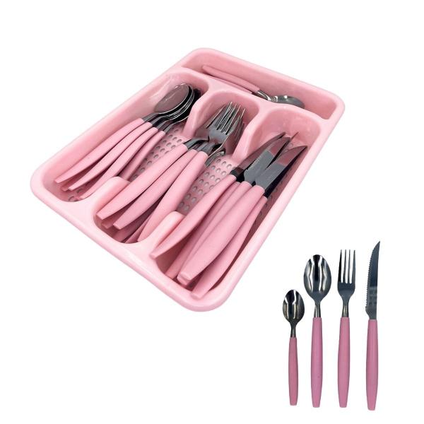 Imagem de Jogo De Talheres Inox Com Gaveteiro Utensílios Cozinha Rosa Casa Mesa