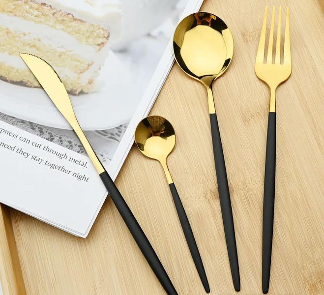 Imagem de Jogo De Talheres P Aparelho De Jantar Faqueiro Inox Dourado Rosê Dourado/Preto 24 Peças Utensílios de Cozinha Completo