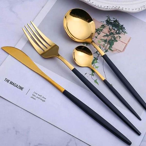 Imagem de Jogo De Talheres P Aparelho De Jantar Faqueiro Inox Dourado Rosê Dourado/Preto 24 Peças Utensílios de Cozinha Completo