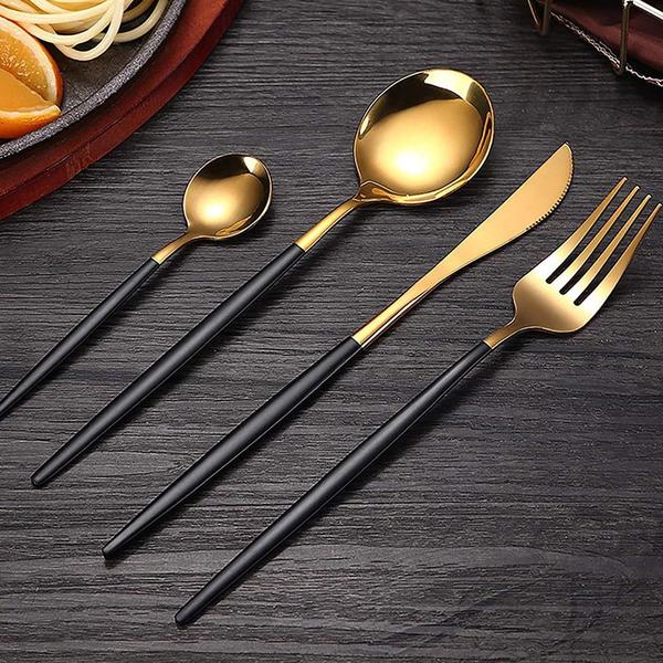 Imagem de Jogo De Talheres P Aparelho De Jantar Faqueiro Inox Dourado Rosê Dourado/Preto 24 Peças Utensílios de Cozinha Completo