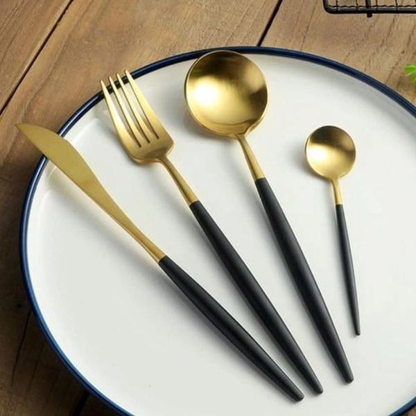 Imagem de Jogo De Talheres P Aparelho De Jantar Faqueiro Inox Dourado Rosê Dourado/Preto 24 Peças Utensílios de Cozinha Salada Bar Buffet