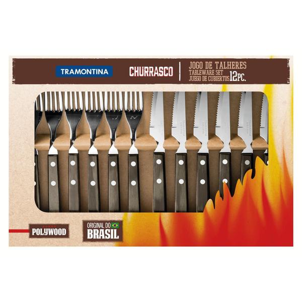 Imagem de Jogo de Talheres para Churrasco Tramontina em Aço Inox com Cabo Castanho Polywood 12 Peças