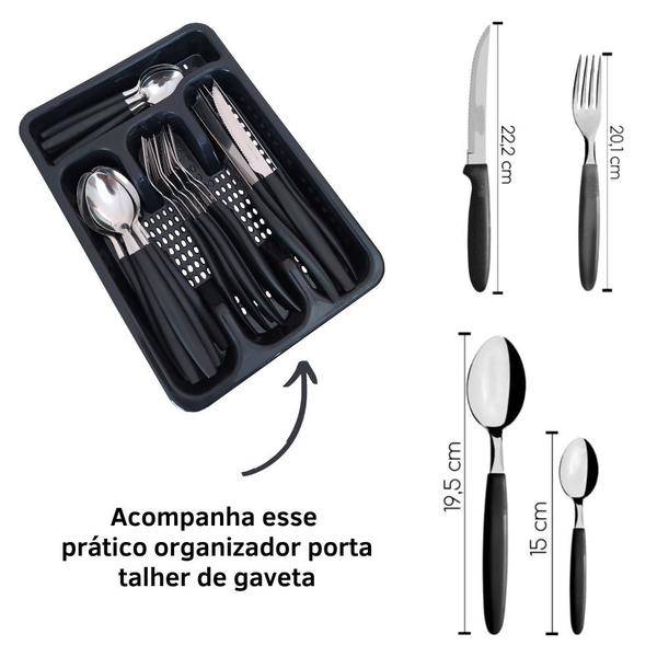 Jogo De Talheres Preto Com Organizador Gaveta Cozinha 25pç