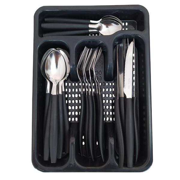 Jogo De Talheres Preto Com Organizador Gaveta Cozinha 25pç