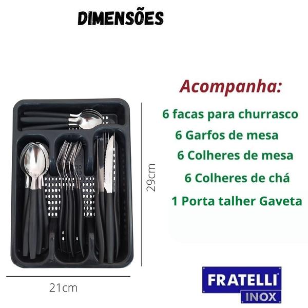 Jogo De Talheres Preto Com Organizador Gaveta Cozinha 25pç