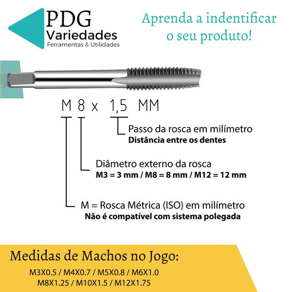 Imagem de Jogo De Tarraxas E Macho 8 Peças Para Abrir Roscas M12 a M3 Aço rápido HSS